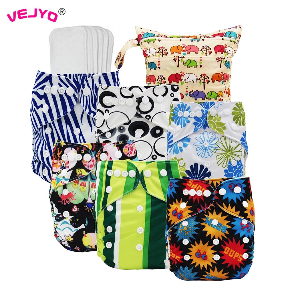 

VEJYO Washable Reusable Baby Cloth Pocket Diapers Nappies 6 Pack + 6 Microfiber Inserts (with 1 Wet Bag Neutral Prints)