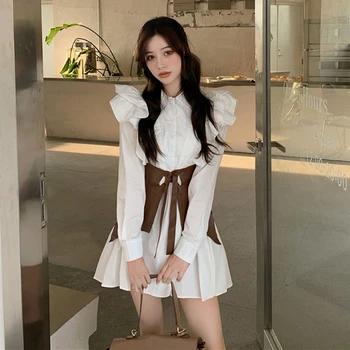 

Women Shirt Dress White Ruffles Long Sleeve Single Breated Mini Dress Vestidos 2020 Vintage Womens Clothing Short Daily Dress
