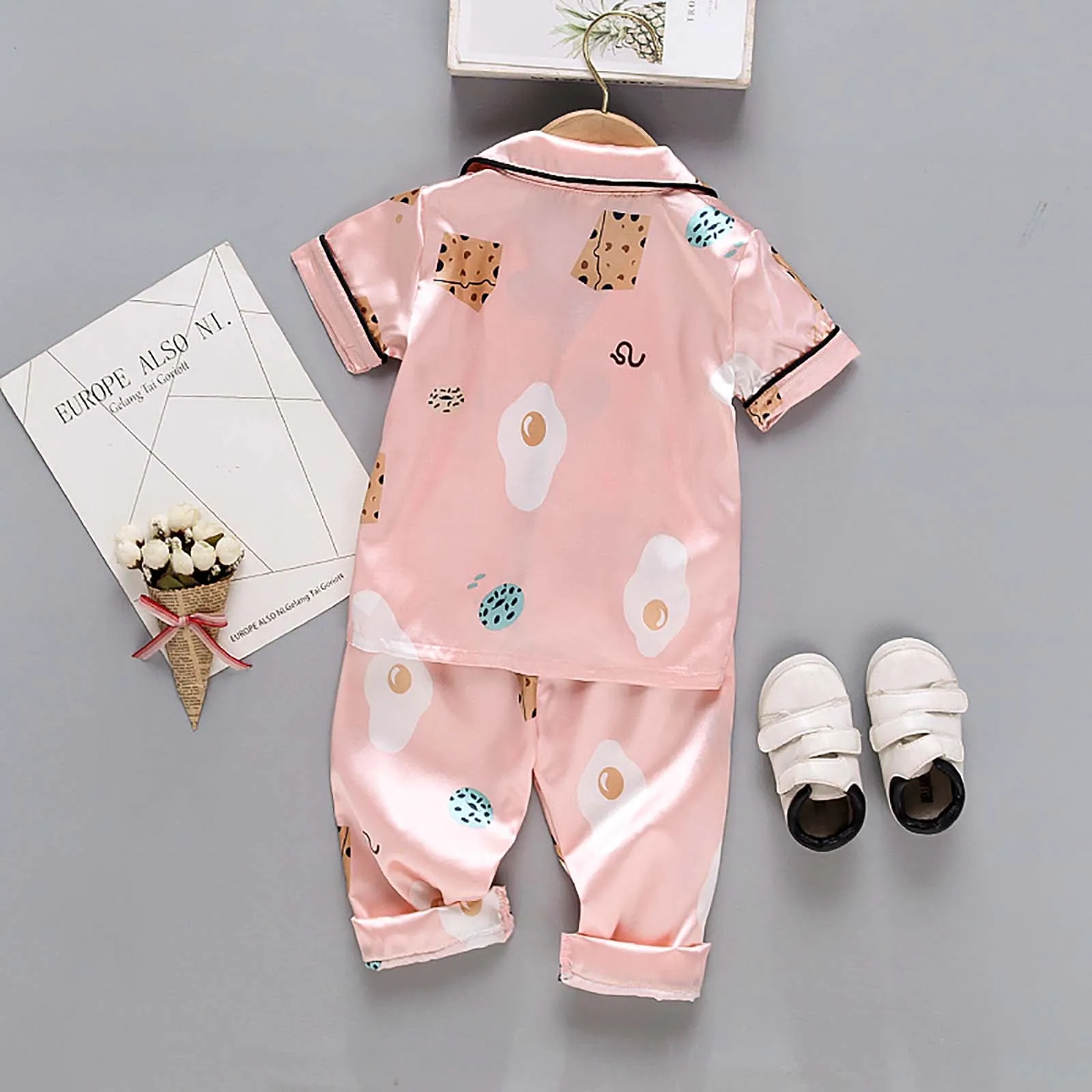 Kid Pajama Sets Silk Satin Pajamas Baby Boys Girls Clothing Sets Pyjamas Cartoon Print Short Sleeve Blouse Tops+Pants Sleepwears