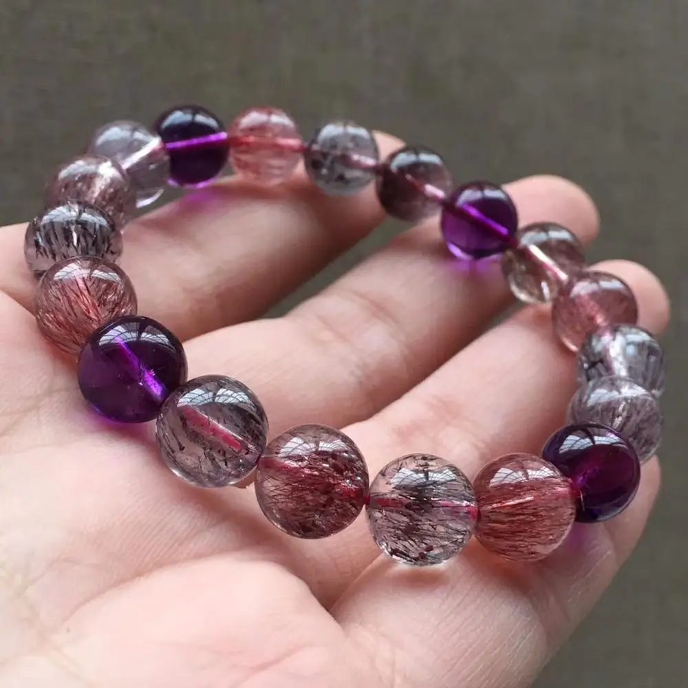 

9.7mm Natural Lepidocrocite Quartz Super Seven 7 Colorful Rutilated Crystal Clear Round Beads Bracelet Women AAAAAA Certificate