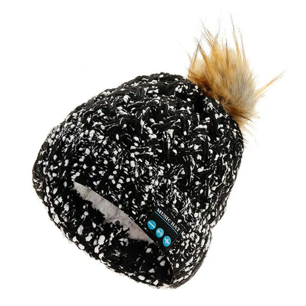Вязаная шапка бини для Bluetooth, стерео беспроводные наушники, наушники, гарнитура для улицы, зимняя ветрозащитная теплая шапка бини, головной убор - Цвет: Black