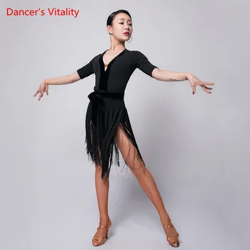 

Latin Dance Practice Clothes Female Adult Sexy Dress V-Neck Performance Dancing Clothing Competition Professional Tassel Skirt