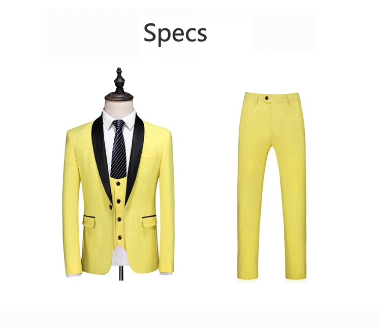 3 шт Свадебные костюмы мужские повседневные деловые мужские костюмы для жениха приталенные шаль блейзеры с воротом брюки жилет размера плюс желтый