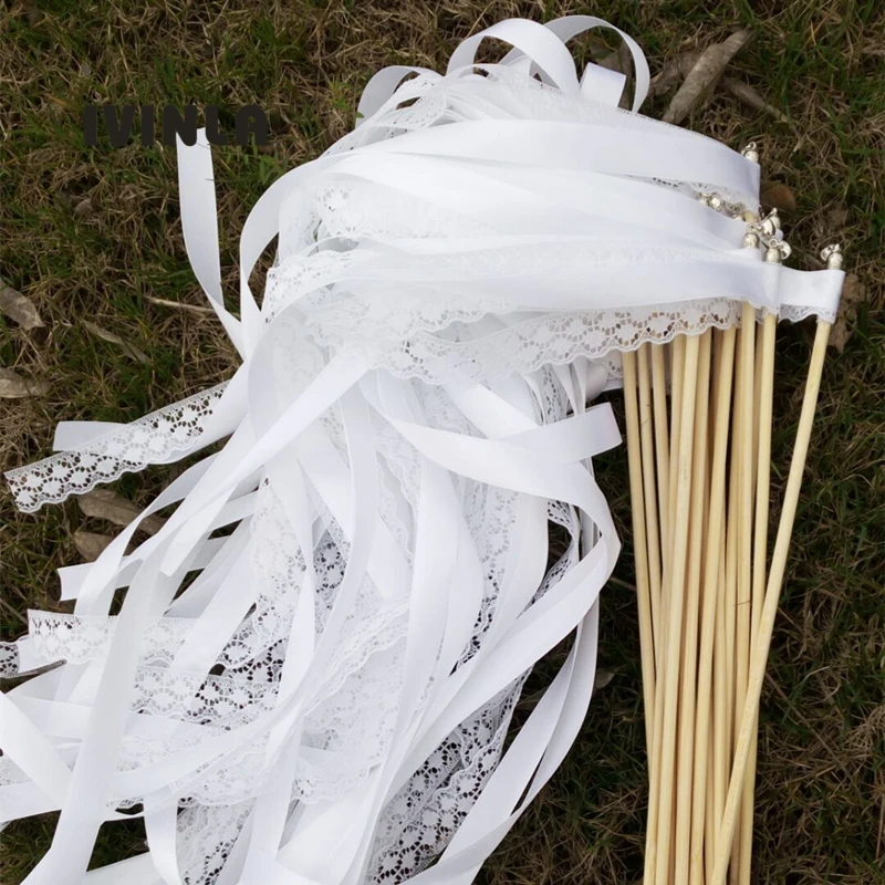 

(10/20/50Pieces/Lot)Style A white ribbon wedding wands with silver bell Wedding Ribbon Stick, ribbon Twirling Streamers