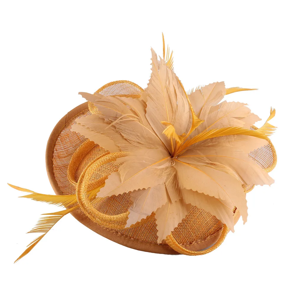 Женские золотые вуалетки sinamay, повязки на голову, женские свадебные головные уборы, вечерние головные уборы, свадебные королевские Цветочные Перья, аксессуары для волос XMF367