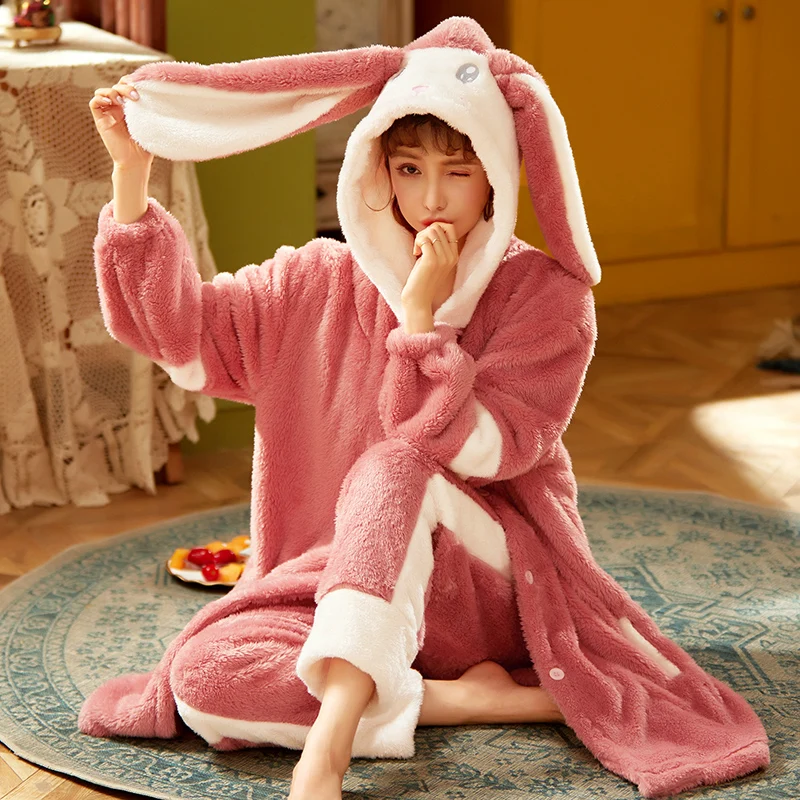Robes Women Dressing Gown Winter Coats for Home Clothes Warm Bathrobe Female Coral Fleece Nightdress Sleepwear Cute Kimono