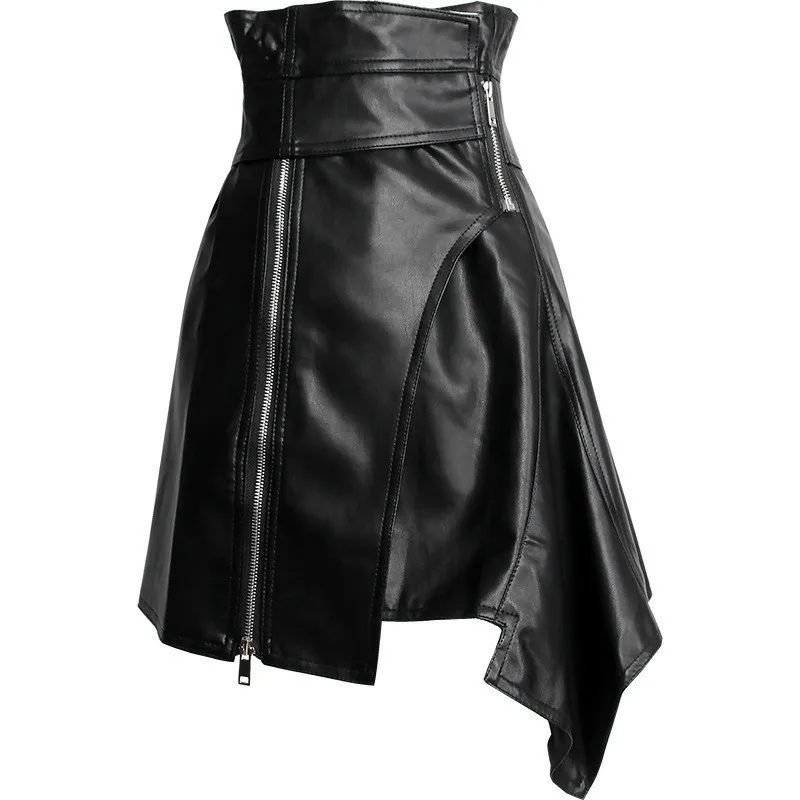 

TVVOVVIN 2019 New Spring Summer Pu Leather High Waist Sashes Spliced Irregular Half-body Temperament Skirt Women Fashion D155