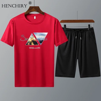 

HENCHIRY Summer Tracksuit Men's Set Casual T-shirt+shorts Printing Two-piece Suit Youth Breathable Sportswear Short-sleeved Suit