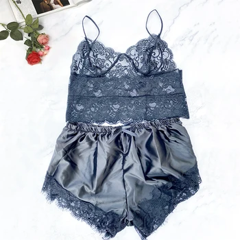 

2020 Sexy Women Lace Pajama Set Sleeveless Crop Tops Elastic Bowknot Shorts Ladies Two Piece Set Sleepwear Summer Home Clothes