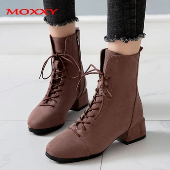 

2020 New Sexy Women Boots Fashion Lace Up Ankle Boots For Women Shoes Chunky Heel Black Brown Autumn Boots Plus Size 35-43