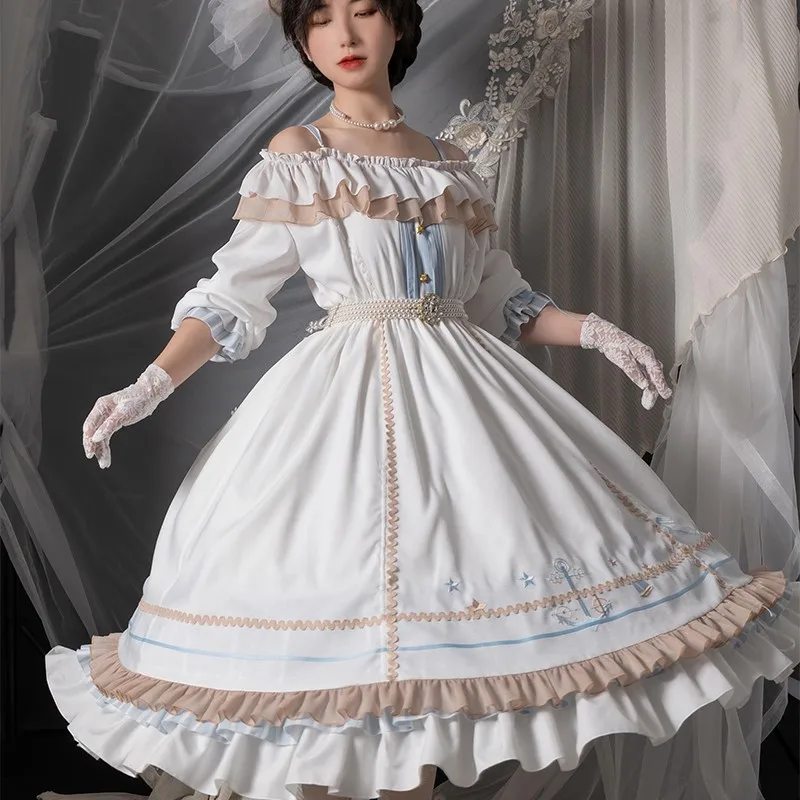 

Lolita Op Dress Long Sleeve Big Swing Autumn Off Shoulder Wedding Kawaii Style Loli Sweet Girls White Lolitas Pleated Victorian