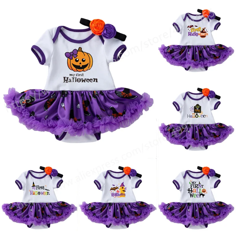 Newborn Baby Girls Halloween Outfits 1st Halloween Romper Tulle Tutu Skirts Headband Clothes Set 0-24M with Headband