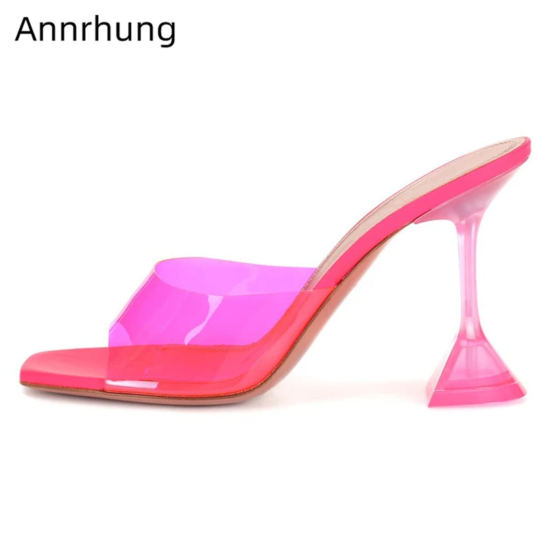

Candy Color Transparent PVC Party Shoes Woman Goblet Heel Square Open Toe High Heel Mules Fashion Runway Slippers Women