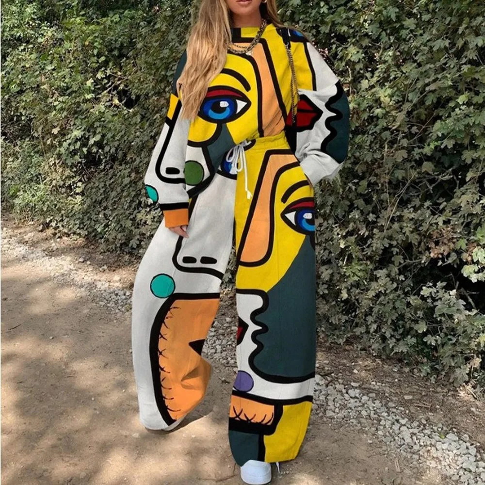 

Vintage Loose Abstract Face Print Thin Sweatshirt 2 Piece Set Women O Neck Oversized Long Sleeve Pants Fashion Tops Casual Fall