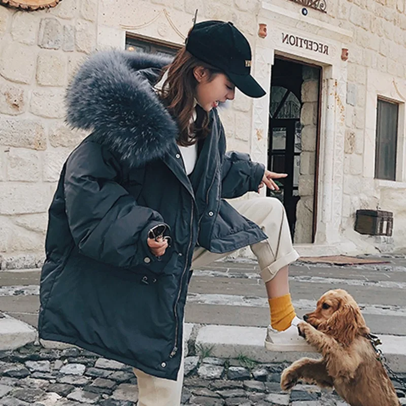 

Photo Shoot Korean-Style in Short BF Loose-Fit Pike Cotton Coat Hooded Model Large Fur Collar Thick Gray Workwear Cotton-padded
