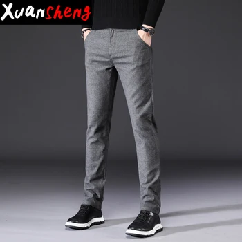 

2020 Autumn Winter New gray Men's Slim Casual Fashion Business Stretch Thicken Trousers Male Brand Plaid Pant Black Blue Pants