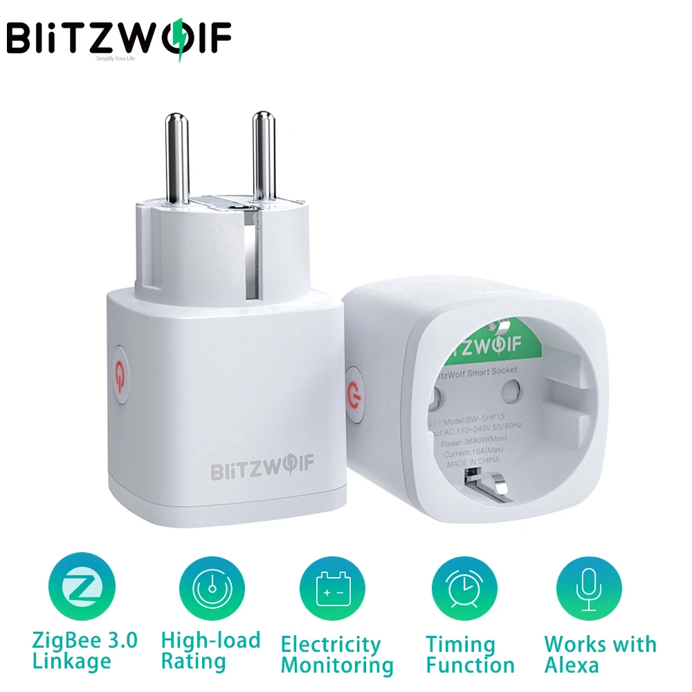 BlitzWolf BW-SHP13 EU Plug 3680W Zigbee 3.0 Smart Socket APP Remote Control Timer works with Alexa Google Assistant Smart Home