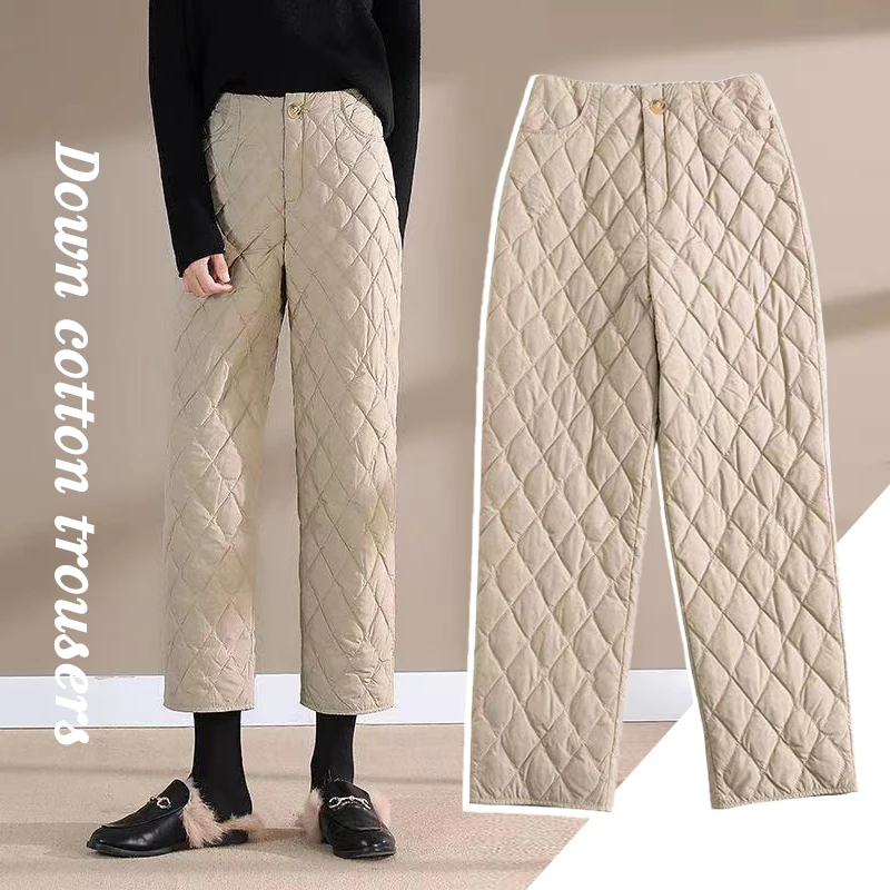 Women Winter Warm Down Cotton Pants Lightweight Plus Velvet Thicken Padded Quilted Trousers Elastic Waist Casual Trousers M-4XL women s lightweight vest and trousers 2 piece set ideal for casual everyday office travel and social wear