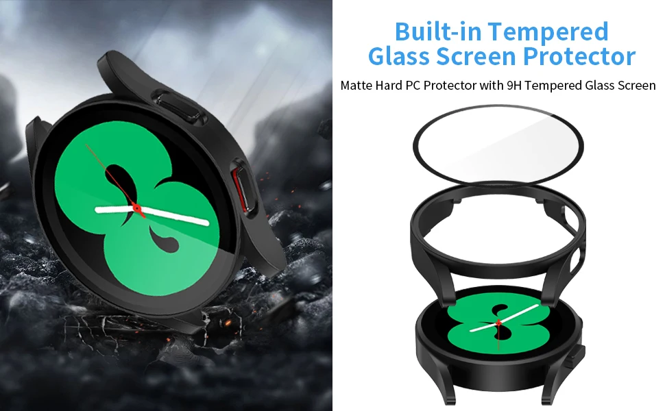 Tempered Glass+Matte Watch Cover for Galaxy Watch 4 Case 44mm 40mm，Bumper Full Screen Protector for Samsung Galaxy Watch4