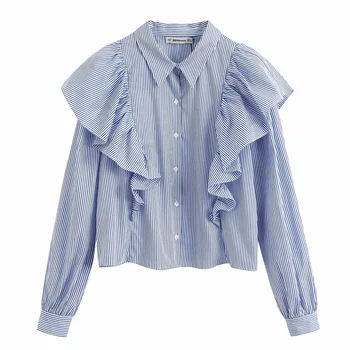 

Stylish Elegant Striped Ruffles Blouses Women Fashion Turn-down Collar Tops Office Ladies Casual Chic Shirts