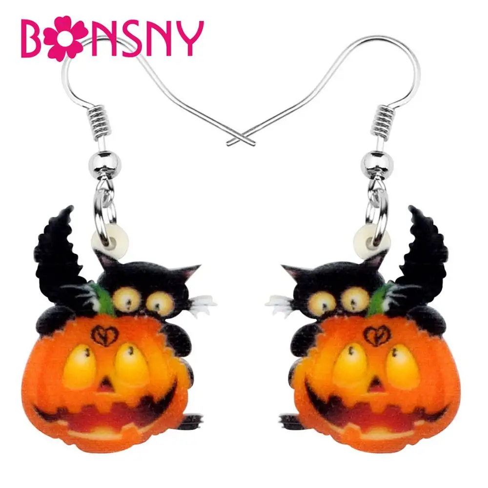 Halloween black cat pumpkin  glass cameo earrings