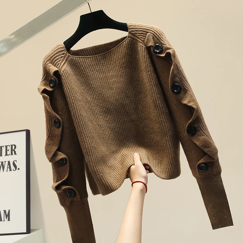 

Pullover Sweater Woman 2019 New Fall Winter Knitted Ruffle Button Thickened and Loose Outwears Female Sweater Short Jumper Femme