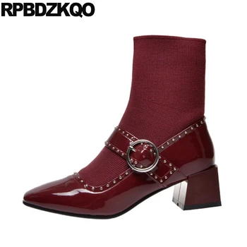 

metal chunky stud studded women ankle boots medium heel wine red rivet shoes vintage square toe embellished patent leather knit