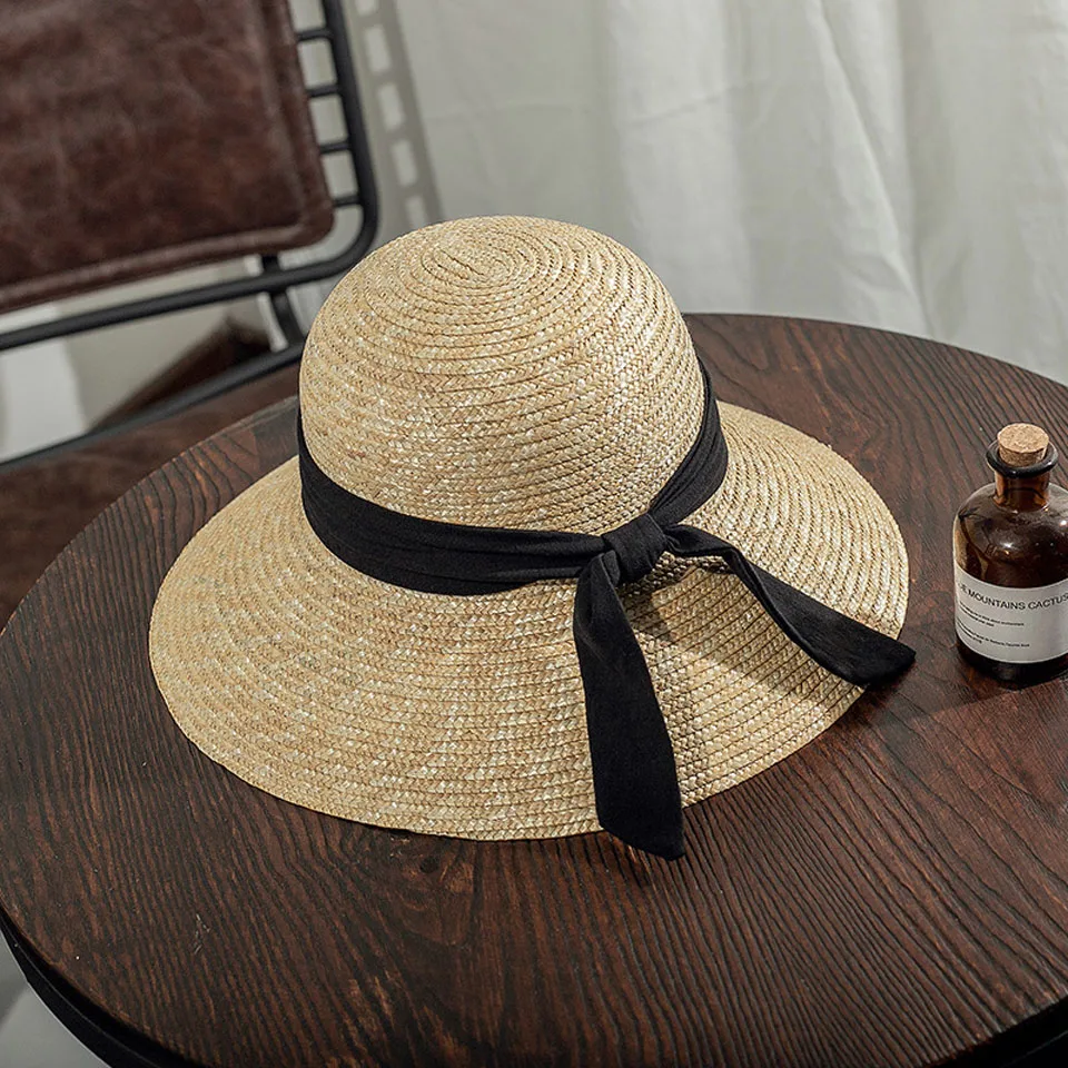 

Summer Women Hat With Ribbon Hat Wide Side Sun Cap Panama Natural Wheat Straw Hats 10cm Wide Brim Holiday Beach Hat For Ladies
