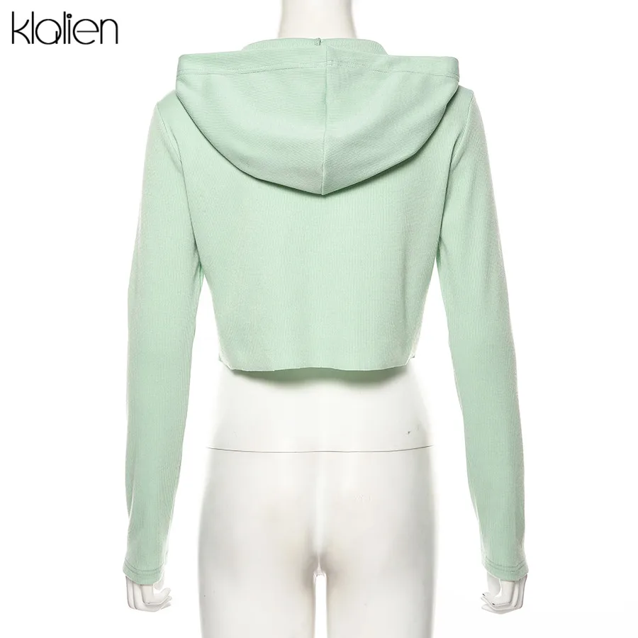 KLALIEN autumn hot Zipper V-Neck knitting Hooded Long Sleeve Women Casual Thin coat Knitted stretch Slim Female tops