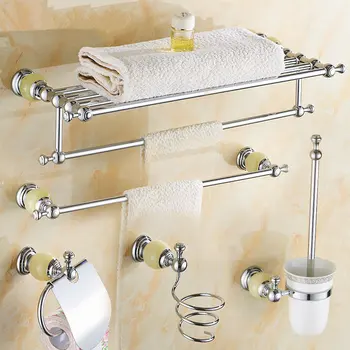 

Brass & Jade Bathroom Accessories Set Toilet Brush Holder Soap Basket Towel Rack Corner Shelf Glass Shelf Bath Hardware Set