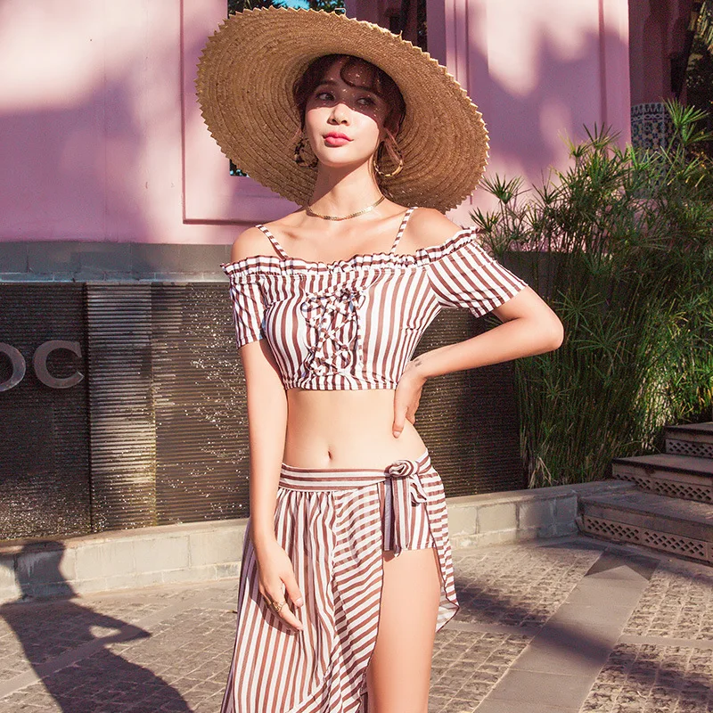 

COUPLE'S Bathing Suit South Korea INS off-Shoulder Camisole Sexy Bikini Three-piece Set Stripes Long Skirt Blouse