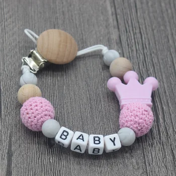 

Baby Silicone+Wood Pacifier Clips Cute Crown DIY Pacifier Chain with Mouse Holder Infant Feeding Teething Chew Toys Dummy Clips