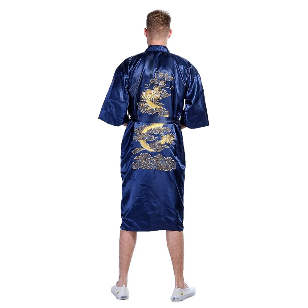 Мужской сексуальный свободный халат кимоно купальный халат наивысшего качества вышивка дракон неглиже интимное нижнее белье для отдыха ночное белье с поясом