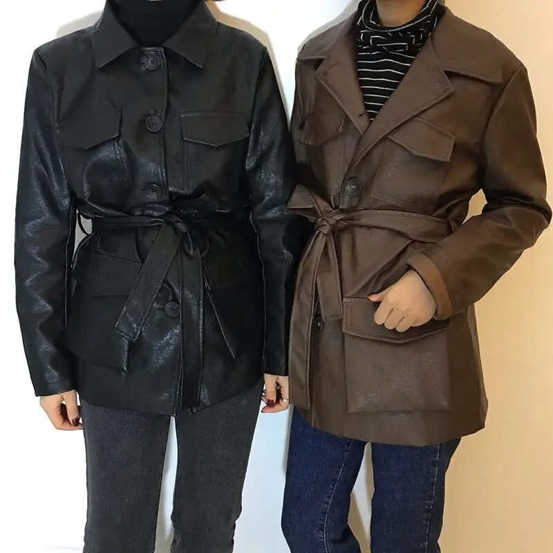 Корейский стиль, Осеннее, Ретро стиль, с длинными рукавами с поясом на Босоножки из искусственной pu кожи Для женщин пальто свободного кроя средней длины, кожаное пальто женское