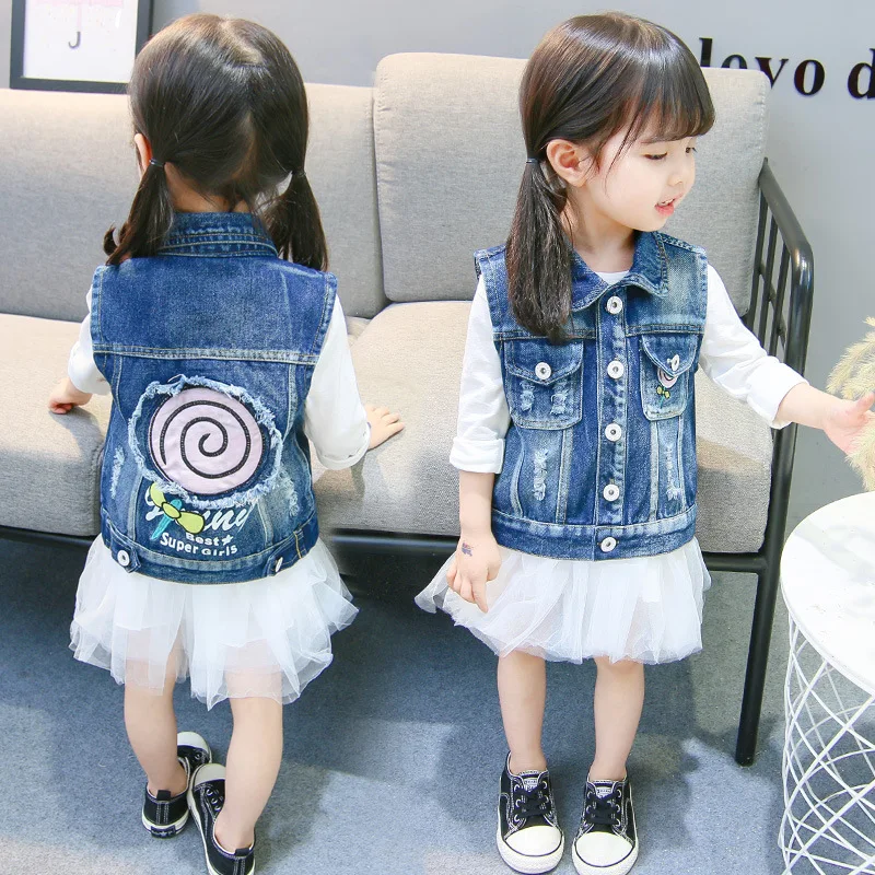 Spring Autumn Casual Girls Waistcoat Cartoon Printed Kids Denim Vests Wash Distressed Hole Cowboy Sleeveless Jacket 4-9T | Детская