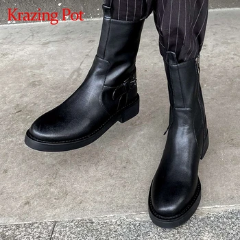 

Krazing pot new top quality cow leather round toe med heel riding boots buckle decoration handsome young lady mid-calf boots L85