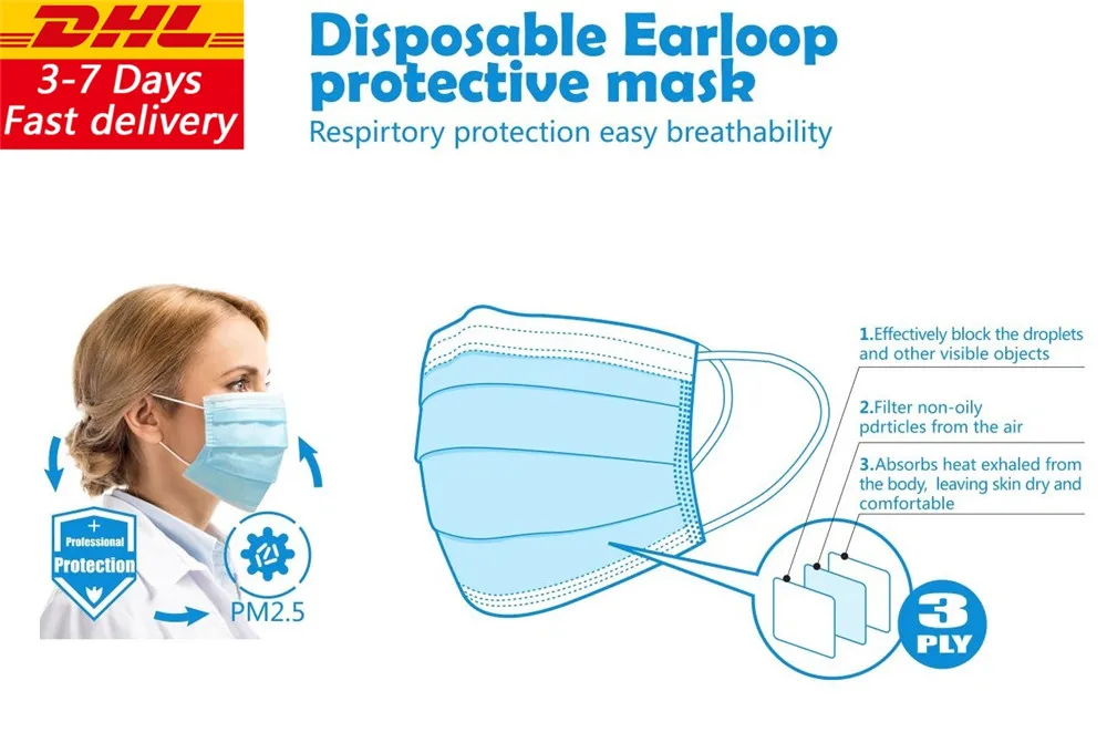 

DHL Fast Delivery 3 PLY Disposable Anti Virus Face Masks Safely Mask Surgical Mask Earloop Protective Masks Dust Adule Musks