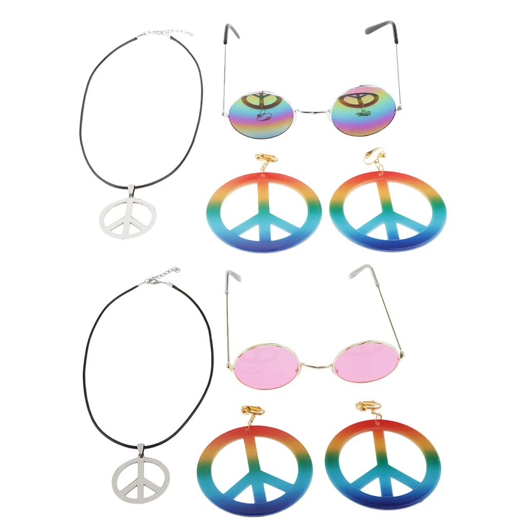Peace Sign Necklace Earring Hippie Sun Glasses Hippie Costume Accessories Colorful Large Round Earring Necklace and Sunglasses