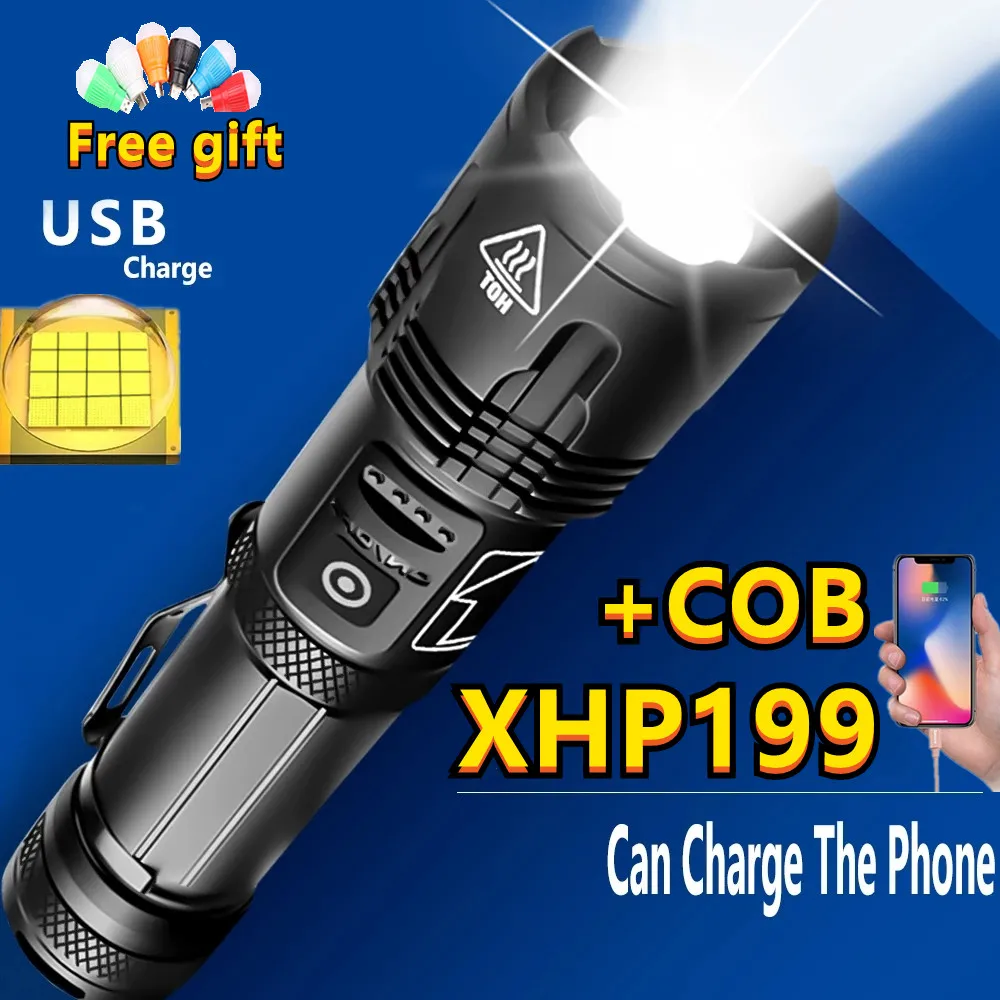 Новейший светодиодный супер яркий фонарик XHP199 с COB матрицей USB Перезаряжаемый