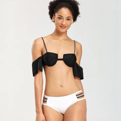 

New Beach Women's Split Bikini Sexy Hollow Chest Underwire Pad Swimsuit Color Matching Ruffle Sleeve Briefs Two Piece Set