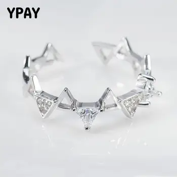 

YPAY Popular 100% Real 925 Sterling Silver Open Ring Stackable Triangle Finger Rings Women Wedding Engagement Jewelry YMR098