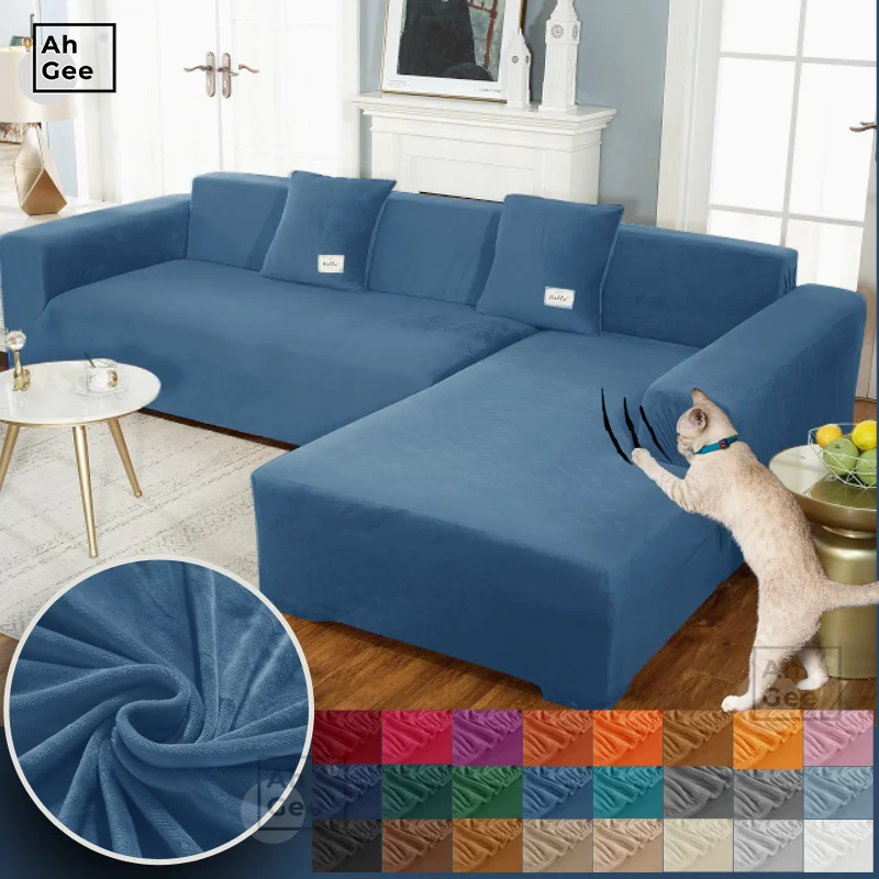 #Lake Blue Fundas elásticas de sofá de felpa para sala de estar,juegos de cubiertas de sofá esquinero de terciopelo,fundas de muebles en forma de L para 2 y 3 asientos 