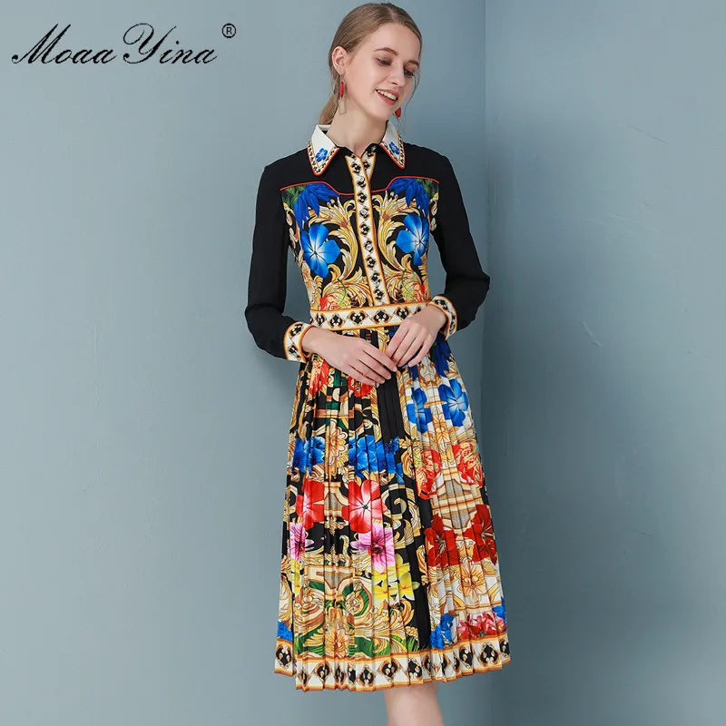 MoaaYina, модное дизайнерское платье, весна-осень, женское платье, длинный рукав, Ретро стиль, цветочный принт, плиссированные платья