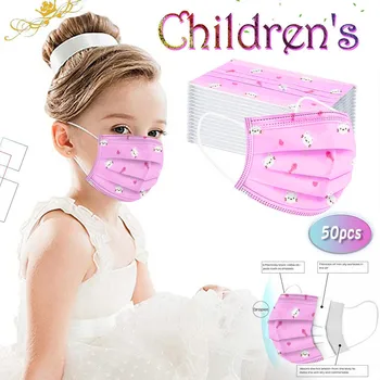 

50pcs Girl Child Cute Cat Fish Bone Pink Printing Series Mask Riding Windproof Dustproof Warmth Sunscreen Disposable Mask