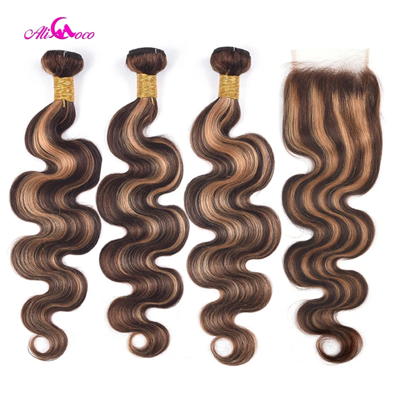 Pacotes com Fechamento Pacotes de Cabelo Onda do Corpo Remy com Fechamento Coco Destaque Colorido Cabelo Ombre Brasileiro p4 - 30 Humano Ali 2 Pacotes com 3/4 com fecho