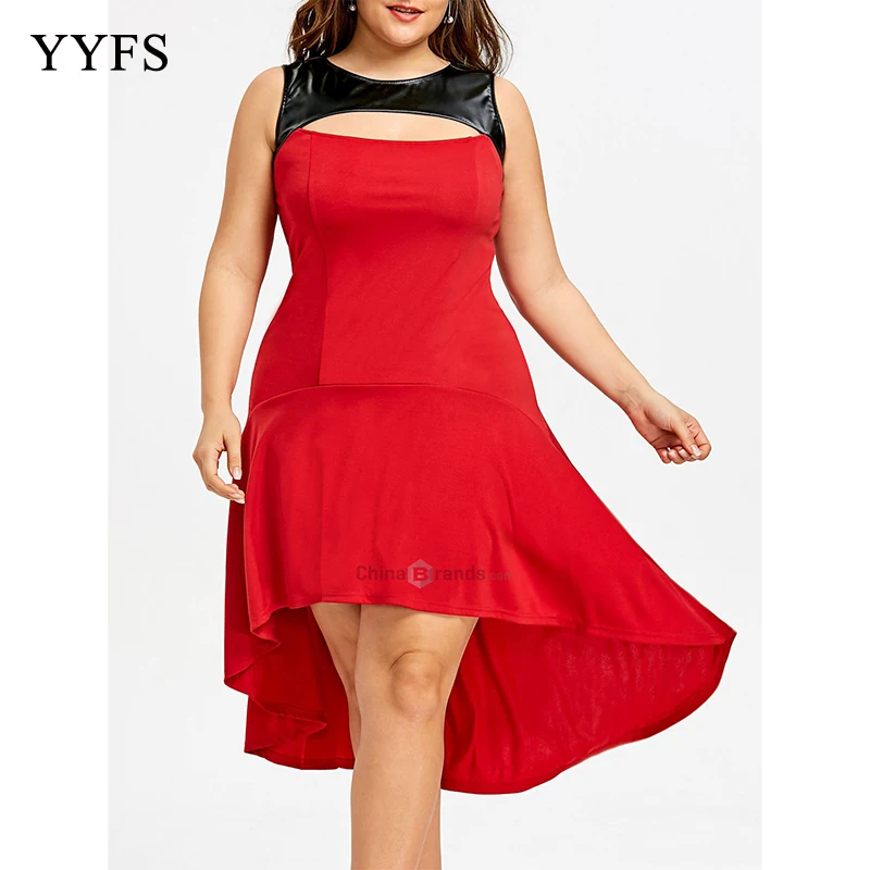 

Plus Size PU Leather Trim High Low Dress