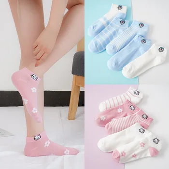 

5 Pairs Women Kids Doraemon Ankle Socks Girls Kawaii Hello-Kitty Embroidery Cotton Socks Pink Japanese Cute Summer Boat Socks
