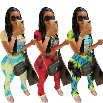 

2020 Summer Sportswear Tie- Dye Sweater Fabric Pleated Micro Horn Sports Pants Two - Piece Set
