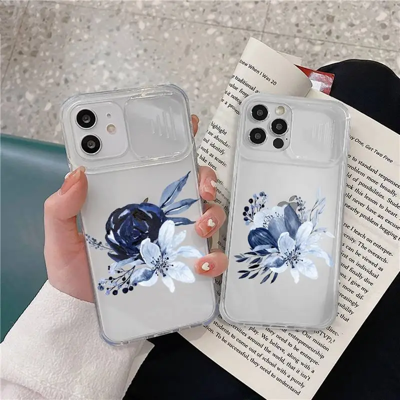 Blue ink tree branch leaf flower Phone Case transparent For iPhone 7 8 11 12 X XS XR MINI Pro Max Plus Slide Camera Lens Protect | Мобильные