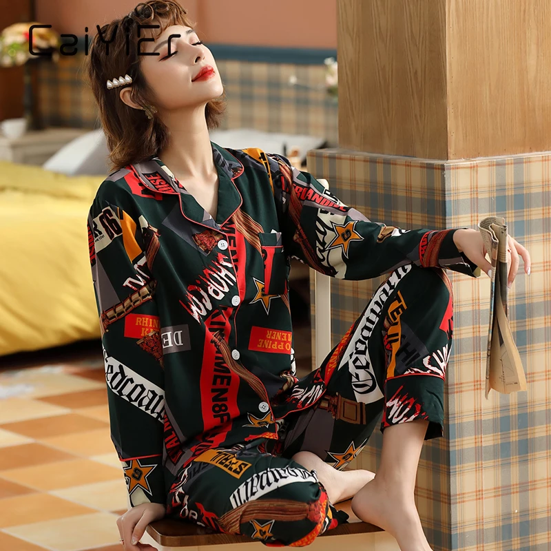 

CAIYIER 2020 Silk Pajamas Set Women Colour Sleepwear Winter Long Sleeve Casual Nightwear Female Fashion Homewear Big Size M-5XL